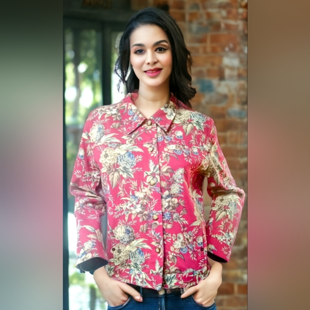Marisa Christina 90s Cardinal Red Floral Denim Button Up Jacket Size M